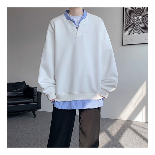 Quezhiyin autumn fake two-piece long-sleeved T-shirt for men 2025 new American fashion brand V-neck Henry collar bottoming shirt sweatshirt white L
