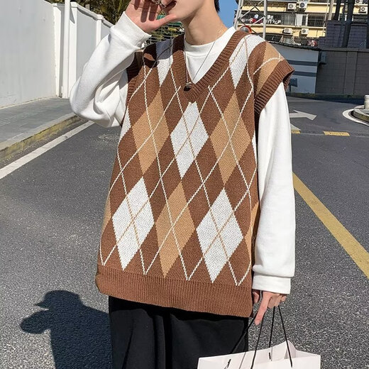 JIAYE 2024 Spring and Autumn Rhombus Grid Candle Knitted Vest Men's Loose Pullover Retro Outer Sleeveless Sweater Vest Coffee XL