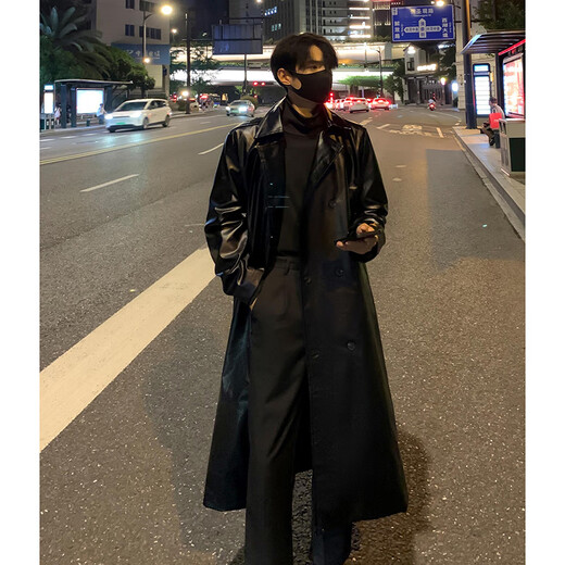 Shelley Jonespu leather windbreaker men's coat mid-length spring and autumn new ins double-breasted design top coat handsome coat black 2XL recommended 145-160Jin Jin equals 0.5 kg