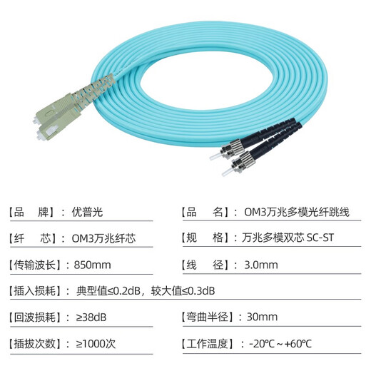 优普光 电信级OM3万兆多模光纤跳线lc-lc-SC-FC-ST 双芯尾纤 抗弯曲数据机房交换机光钎线 万兆多模双芯SC-ST 1米