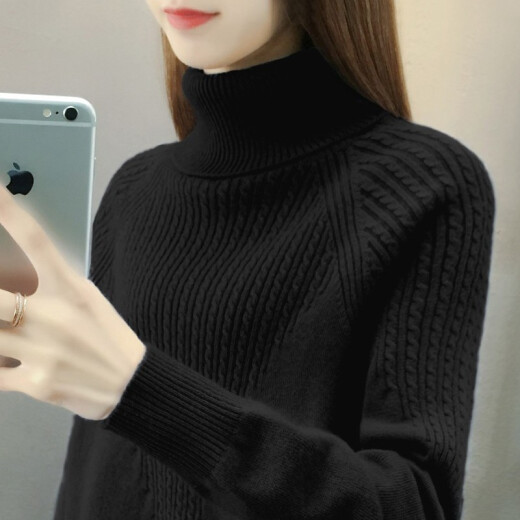 Gu Eve plus velvet sweater for women, loose knitted sweater for women, fashionable autumn clothing for women, new winter style, mid-length half turtleneck coat, knitted cardigan, versatile thickened bottoming shirt, small student clothes, black. One size fits all