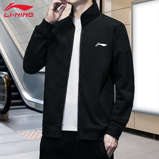 Li Ning (LI-NING) Jacket Men's Spring and Autumn Sweater Sports Men's Cardigan Loose Sports Knitted Top Casual Men's Fitness Casual Wear Basic Black (Stand-Collar) L