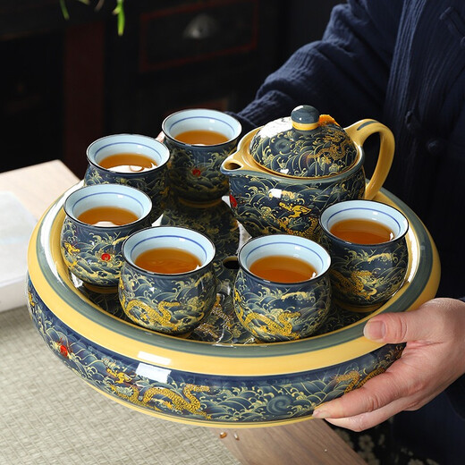 Kanglepin Jingdezhen Ceramic Kung Fu Tea Set Simple Home Anti-scald Teapot Teacup Tea Tray Complete Gift Box Blue Gold Dragon Tea Set