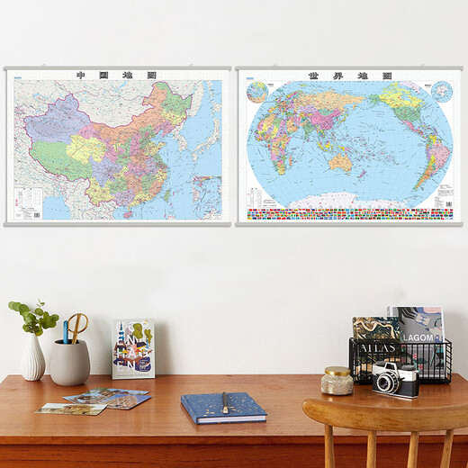 全新修订 升级版 中国地图挂图+世界地图挂图（单张1.1米*0.8米 历史名城古都 生僻字注音 学生地理学习考试、办公家庭装饰  无拼缝 无折痕 筒装挂图 套装共2张）