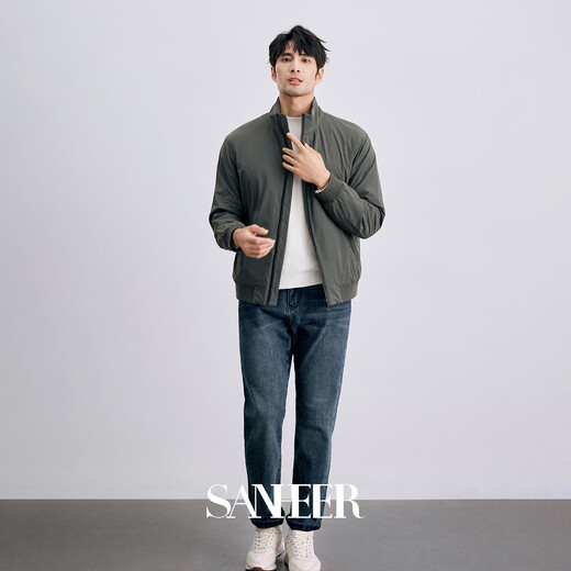 SANHEER Business Gentleman Super Soft Technology Insulation Cotton Filling Warm Men's Lapel Lightweight Cotton Jacket DAC095 Green Gray L /50