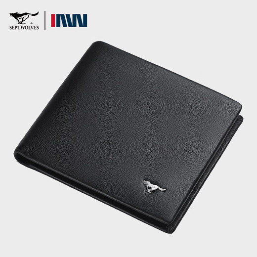 Sept Wolf Men's's Wallet Greil en cuir en cuir Couche de vache de vache Cow Wallet Portefeuille Portefeuille Cadeau d'anniversaire pour mon mari et mon petit ami Mélange noir en métal noir (boîte cadeau exquis + carte de voeux d'écriture) Style horizontal