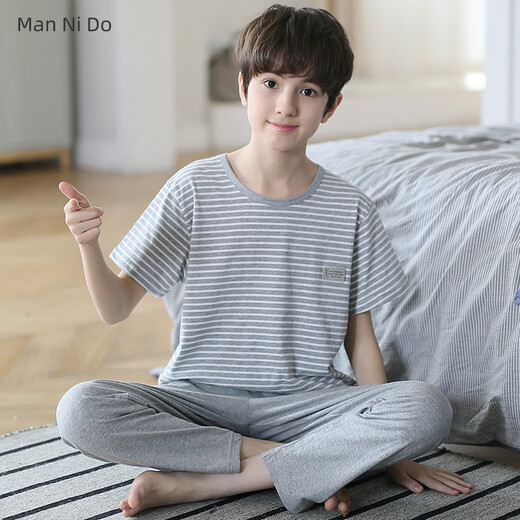 曼妮朵儿童睡衣男童短袖长裤秋装男孩全棉空调套装大童青少年纯棉家居服 N9926【短长】 140 16码建议135-145cm