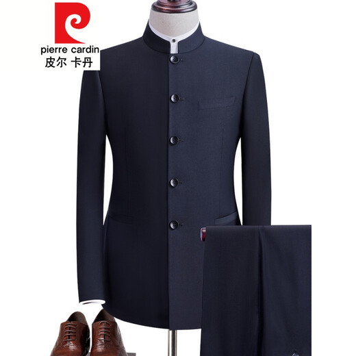 皮尔卡丹春秋中山装套装男士中青年中华立领西服韩版修身款新郎中式礼服 暗扣黑687 两件套 165/104