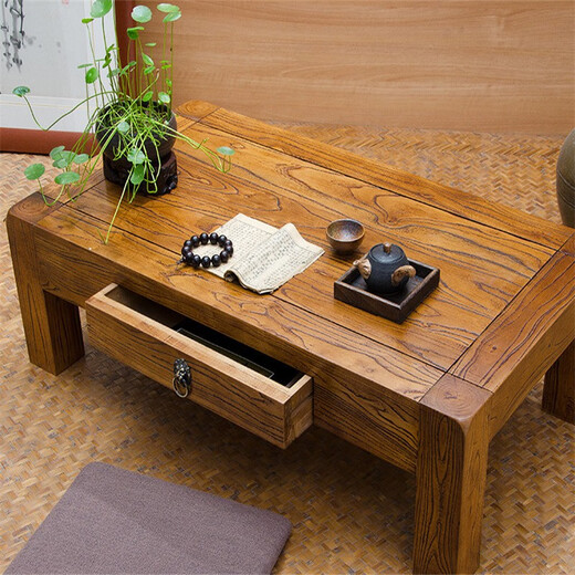 Yeyao old elm tea table Chinese coffee table small square table bay window table small tea table tea table solid wood kang table low table 120*60*45 two drawers fully assembled