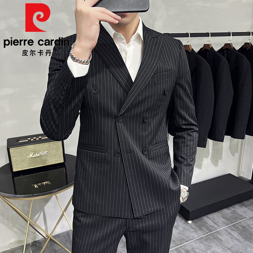Pierre Cardin fashion brand double-breasted suit men's suit wedding business casual formal dress two-piece striped suit jacket gray 52/XL