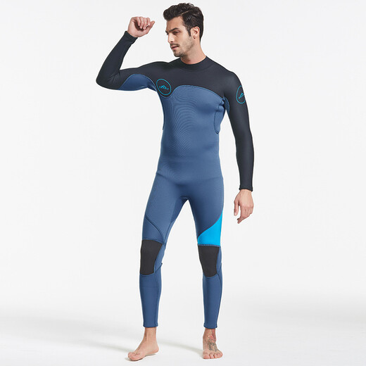 Sharbat 3MM wetsuit for men, thickened and warm, winter swimming, outdoor snorkeling one-piece long-sleeved swimsuit, surfing jellyfish suit, dark blue and black, water orchid L (suitable for 110-125 Jin Jin equals 0.5 kg)