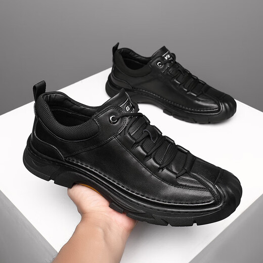 Aibudie Men's Casual Leather Shoes 2025 Новая модная и универсальная мягкая кожаная мягкая подошва мягкая удобная дышащая не скользящая обувь Men 9916 Black 41