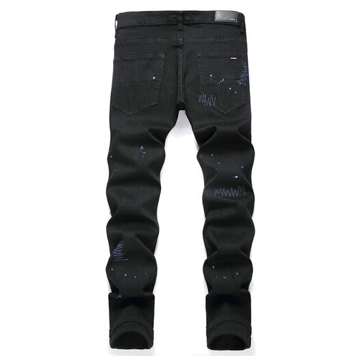 Fei Shimi New Style High Street Herren Ripped Jeans bestickt S Tight Mid-Tendy Herren trendy lässige schwarze Hosen Schwarz 3523 29