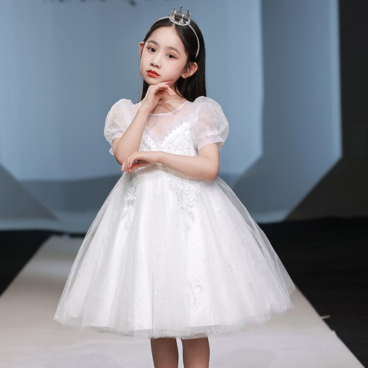 
Annie Youer children's dress princess skirt fashionable flower girl high-end girl evening dress girl piano playing host performance costume white short short sleeve 130