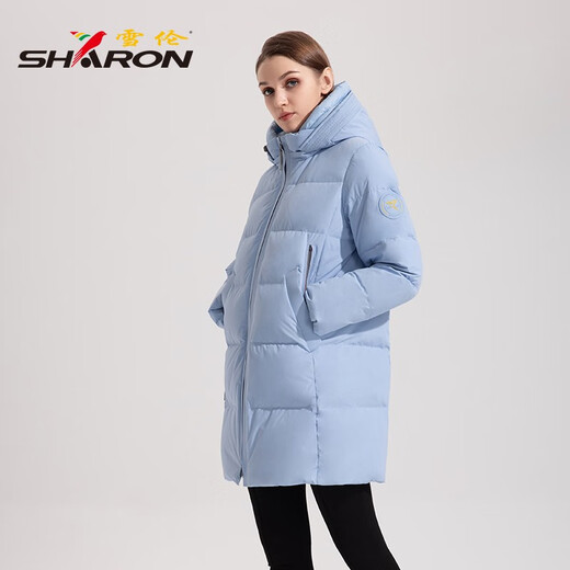 雪伦中长款羽绒服女简约百搭袖标秋冬外套 13567 玄青黑 2XL