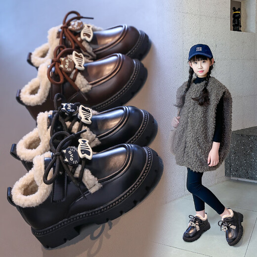 Girls cotton shoes winter new little girl plus velvet leather shoes for big children baby two cotton princess loafers children's shoes X557 brown 34 / inner length about 20.8 cm