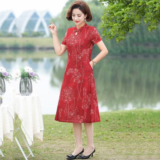 富夕妈妈夏装新款连衣裙仿真丝旗袍洋气高贵中老年女夏季气质大码裙子 698红色 2XL 建议105-120斤柔软舒适