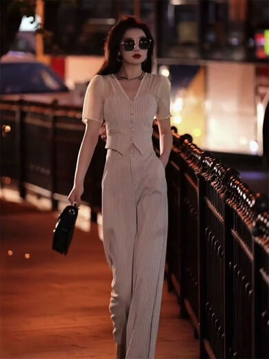 良蜓职业女装高端套装高级感夏季款休闲条纹时尚单女v领拼接上衣洋气 条纹装 2XL 建议130-145斤