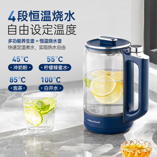 Morphyrichards Health Pot Tea Maker Kettle Constant Temperature Milk Adjuster Teapot Multi-stage Frequency Conversion Cooking Smart Menu Glass Pot 1.5L Large Capacity MR6089 Blue