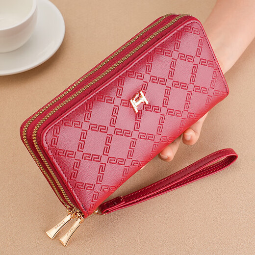 Kuqi Kangaroo this year's popular women's wallet long double zipper mobile phone bag student wallet large capacity clutch bag soft coin purse red