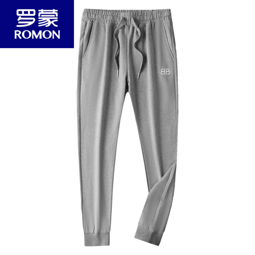 罗蒙（ROMON）运动裤男棉春秋薄款束脚休闲长裤小脚刺绣男士酒红色裤子男卫裤 黑色9928春秋薄款 3XL