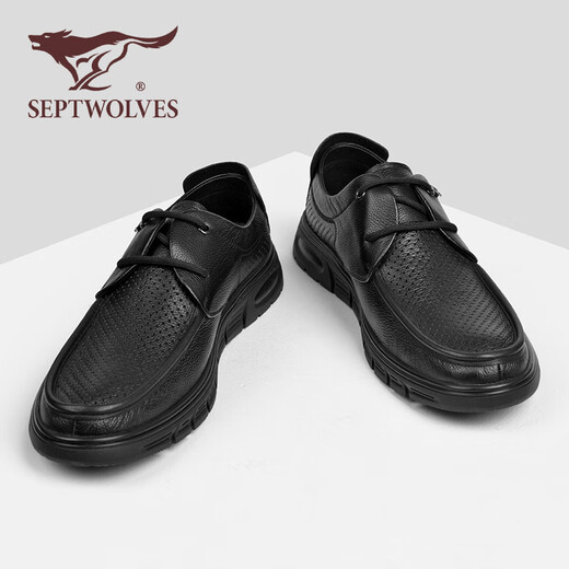 Shoes de cuero casual de siete lobo zapatos para hombres Summer NUEVO estilo Avalte Bollow Bollow Sode Mesh Mesh Caza sin deslizamiento Ligeros Ligeros zapatos casuales Men's Black [Tamaño de zapato de cuero estándar] 41