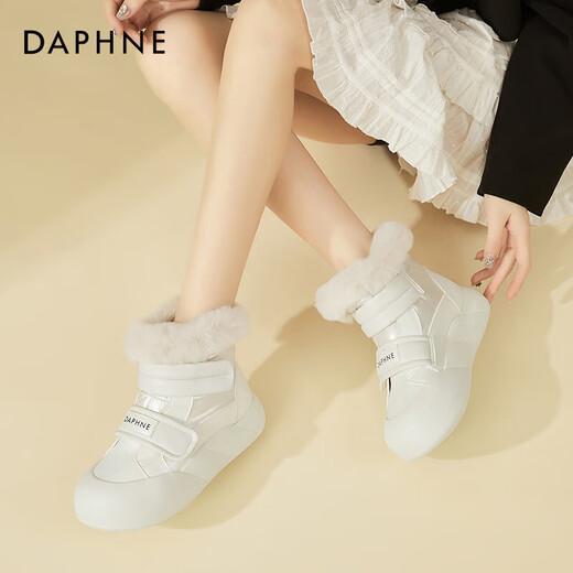 达芙妮（DAPHNE）厚底雪地靴女2025新款秋冬季加绒加厚保暖棉鞋魔术贴毛毛鞋女 米色 35