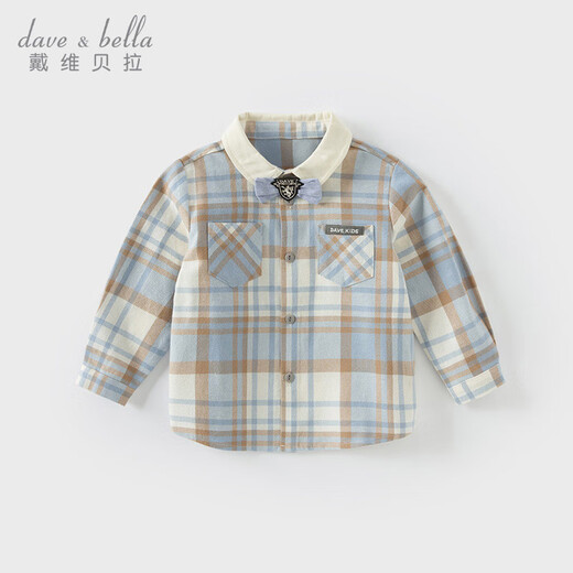 DAVE&BELLA children's new shirt, college style boy's shirt, children's clothes, baby boy's spring cotton plaid top, blue plaid, in stock, 130 cm (recommended height 120-130cm)