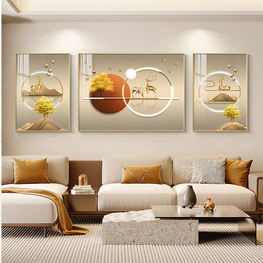美优淳轻奢福禄客厅装饰画沙发背景墙挂画现代简约大气三联画高档壁画 JD14225福禄昌盛 左右50*70中间90*70 晶瓷镶钻铝合金金框