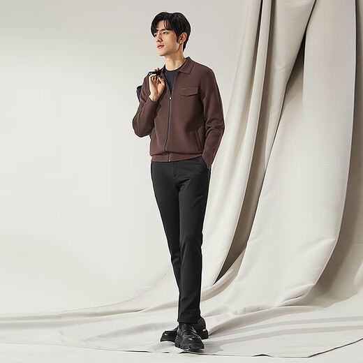 Qipai high-end series men's lapel sweater spring and summer fashion casual chest patch pocket wool cardigan Coffee L (175)