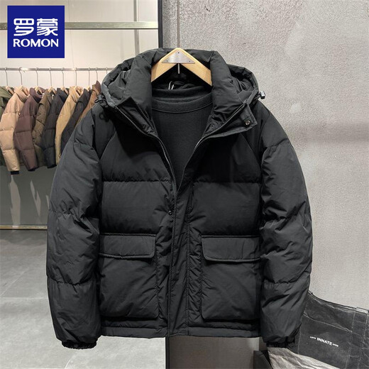 ROMON autumn and winter hooded cotton jacket for men, short, fashionable, loose, casual, solid color, cold-proof, warm and thickened jacket, trendy, black, high quality, XL 135-155Jin Jin is equal to 0.5 kg