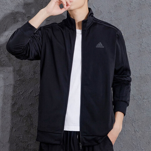 Adidas Männer Sportanzug Fitness lässig und modische Kragenjacke mit offener Briefe lose Strickhosen H46101+GK9226/Black Drei Streifen an der Seite der Jacke m
