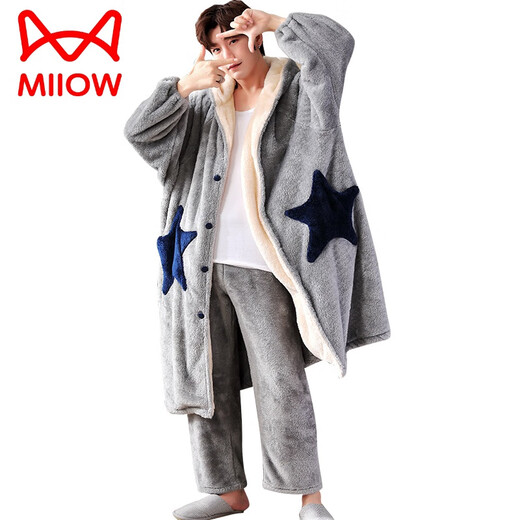 猫人（MiiOW）睡袍男冬季加厚长款珊瑚绒睡衣星星保暖秋冬法兰绒浴袍套装 YX9922 L