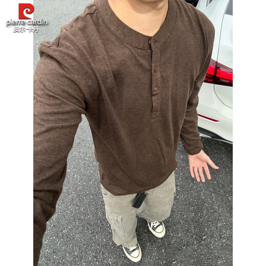 Pierre Cardin old money style Henley collar long-sleeved POLO shirt for men, autumn lazy style round neck sweatshirt with bottoming knitted T-shirt, brown M 90-110Jin Jin is equal to 0.5 kg