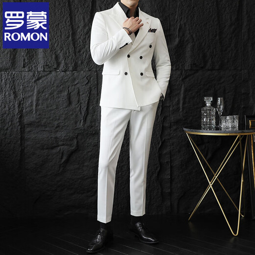 ROMON spring and autumn off-white double-breasted suit for men, slim, handsome, casual, small suit jacket style, white (jacket + pants) M