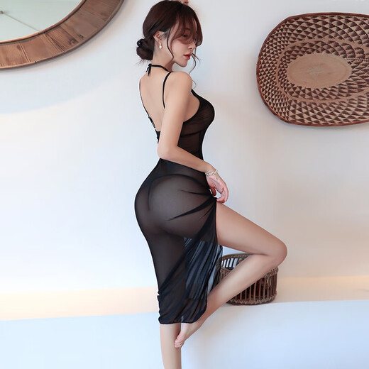 
Erlos sexy lingerie passion seduction suspender sexy nightgown lace transparent long skirt women's socks bathrobe home clothes sm role-playing long cheongsam mesh backless perspective free slender black 1392 single size - without socks