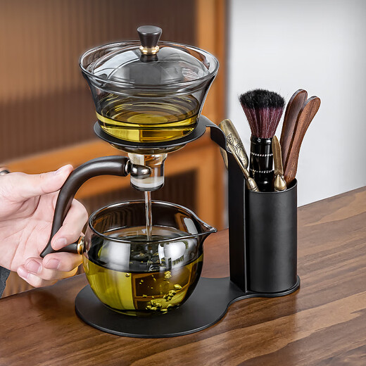 Zhengyang lazy glass automatic tea set set household complete set of magnetic tea making artifacts heat-resistant iron easy brewing rack simple and modern ash wrought iron pavilion/songlu + 6 cups + cup holder