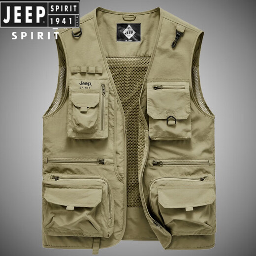 
JEEP SPIRIT Jeep Workwear Vest Men's Spring and Summer New Loose Photography Vest Outdoor Sports Fishing Multi-Pocket Jacket 8818 Khaki 2XL
