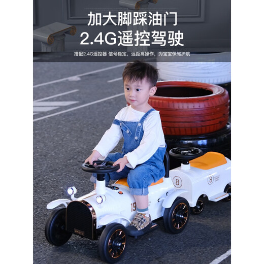 Jingga Kinderzug kann Elektroauto mit Allrad-Fernbedienungstherrich und Mädchen Doppel Baby Erwachsener Spielzeug Baby Kinderwagen 12V Dual-Wheel-Antrieb weiße Lokomotive + 2 Wagen + Musik Dual-Drive