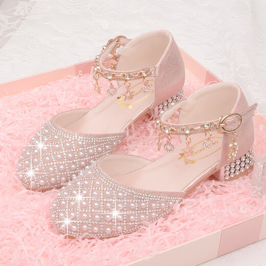 Bu Lian Cat Girls Princess Shoes Children's Small Leather Shoes 2024 New Little Girls High Heels Soft Bottom White Pearl Crystal Shoes Trendy Silver White 26