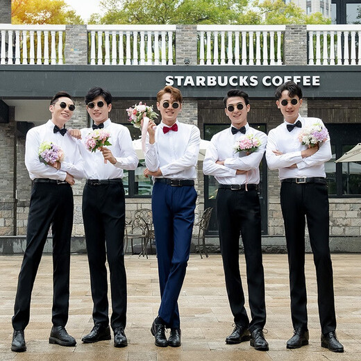 Lemon Tide Sommer Groomsmen's Group Clothing Männliche Brüder Gruppe Langarm Shirt Anzug Anzug Bräutigam Hochzeitsanzug Sommer (Qualität) Sommerhemd + schwarze Hose + schwarze Fliege Keil