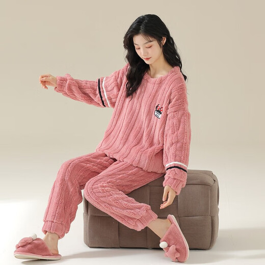 莫代尔珊瑚绒睡衣女秋冬季圆领加绒加厚提花绒保暖可外穿家居服套装法兰 17M6623 2XL 【170-175cm135-155斤】