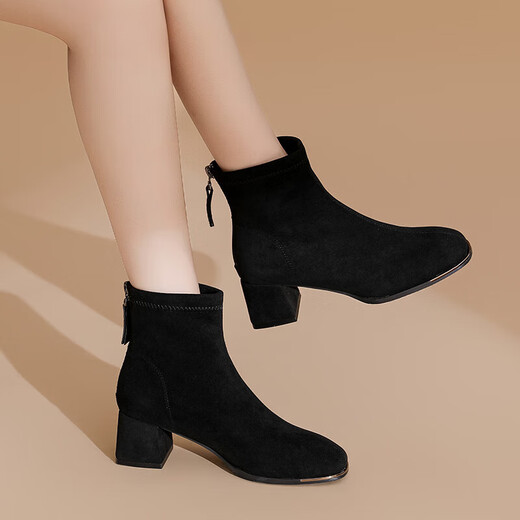 Daphne short boots for women autumn French high heel slim boots black retro suede boots for women black 37