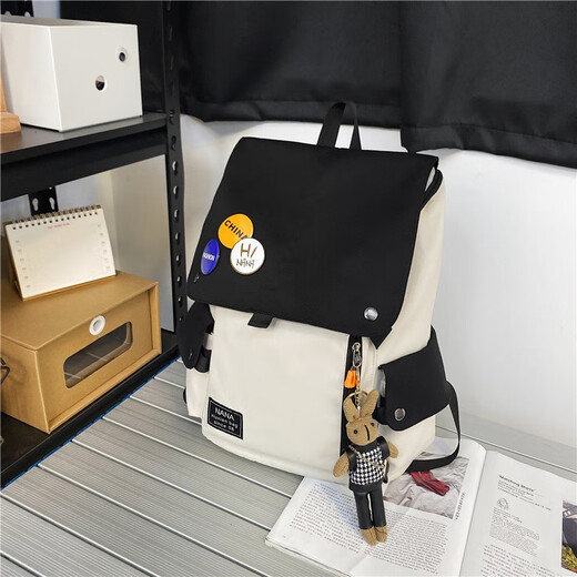 Bonaling -Rucksack für Männer Freizeitreisen für Männer Rucksack für Junior High School und High School College Schüler Schoolbag für Männer große Kapazitätsfahrerbag Großer Cover -Rucksack [Anhänger + Badge] Schwarz und Weiß