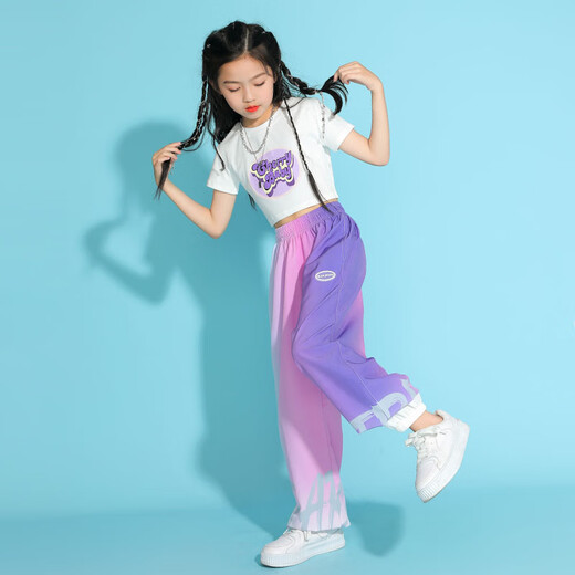 小猪彼特儿童爵士舞演出服装女童六一街舞套装大童夏季女孩幼儿园舞蹈表演 9889白色+5726渐变色 120 cm