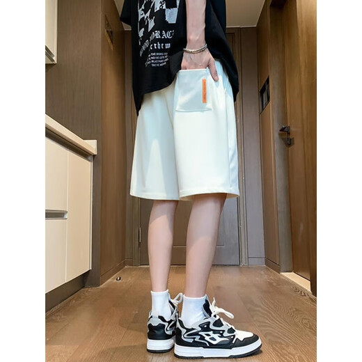 Harborside Shorts Men's Summer Trendy Brand Letter Embossed Five Points Casual Pants Youth Sports Medium Pants Student Summer Shorts Off-White L - (115-130Jin Jin is equal to about 0.5 kg)