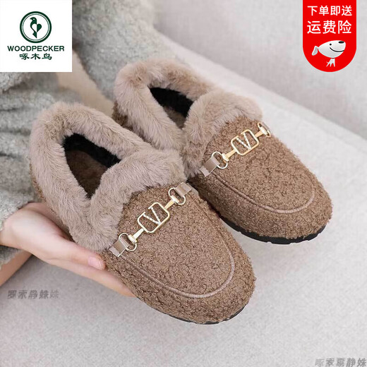Zapatos de invierno Woodpecker, gorros para mujer, además de terciopelo grueso, zapatos exteriores de algodón para mujer, zapatos viejos de tela de Beijing, zapatos cálidos y peludos para mujer M06 más terciopelo color café pies gordos grandes 35