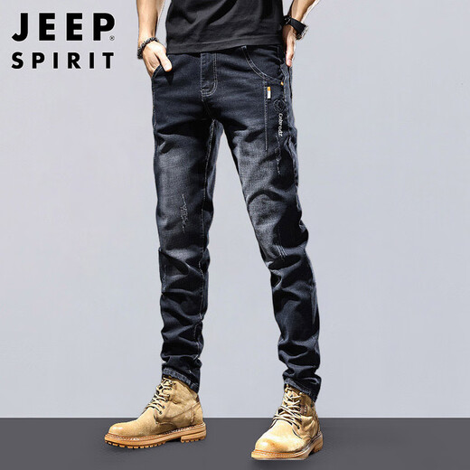 JEEP SPIRIT Jeep jeans men's autumn and winter elastic slim casual pants new retro resurgence pants black 33
