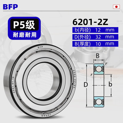 Japan imported BFP bearing P5 grade high speed motor precision deep groove ball bearing electric vehicle front wheel rear wheel bucket truck bearing rolling ball rotating seal bearing 6205ZZ 6201-2Z/P5 iron seal 12*32*10