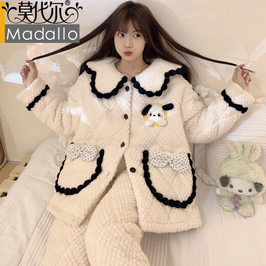 莫代尔睡衣女秋冬季三层加厚夹棉珊瑚绒加绒长袖可爱法兰绒家居服 QJ-3291 M